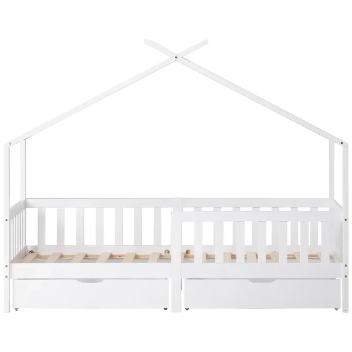 Cama infantil,cama cabaña de madera maciza 90x200cm con 2 cajónes y protección contra caídas,blanco