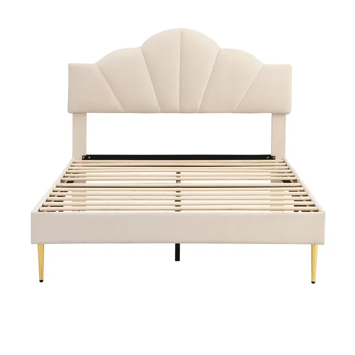 Cama infantil de terciopelo – 140x200cm – cabecero en forma de concha – Beige