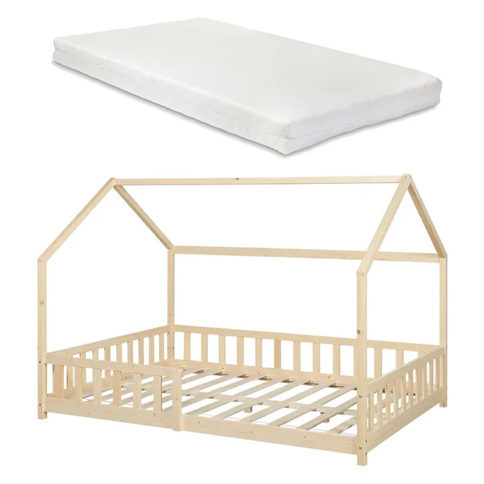 Cama infantil Hesel en forma de casa con reja y colchón 140x200cm – Natural [en.casa]