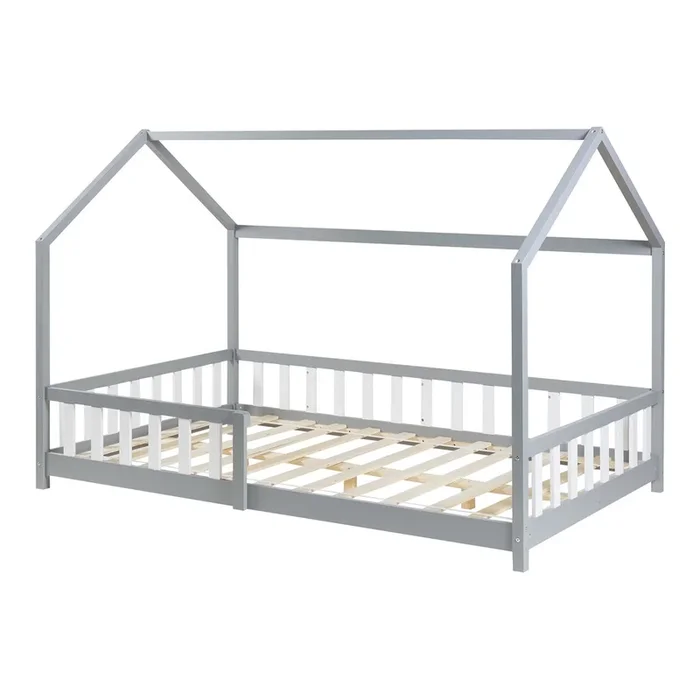 Cama infantil Hesel en forma de casa pino con reja 120x200cm – Gris [en.casa]