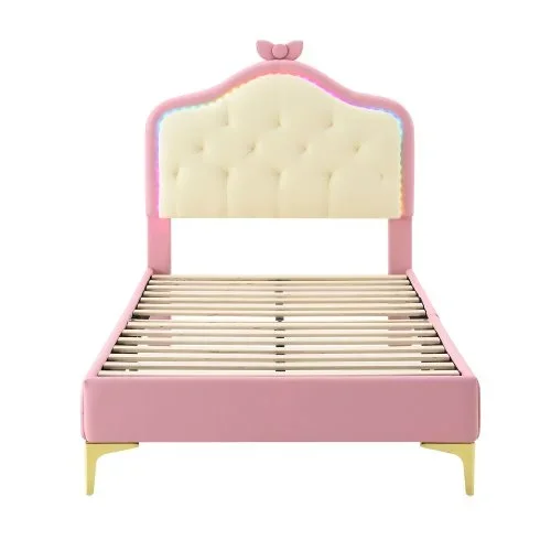 Cama infantil individual tapizada con diseño ondulado y lazo rosa, iluminación LED multicolor cambiante, somier de láminas de madera, poliuretano, estructura rosa, 90 x 200 cm