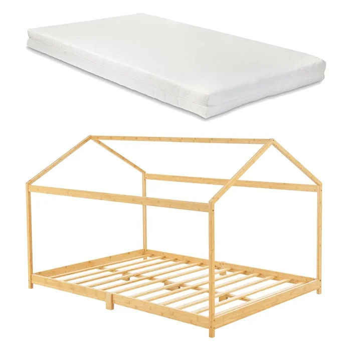 Cama infantil Vindafjord en forma de casa con colchón bambú 180 x 200 cm – Color natural [en.casa]
