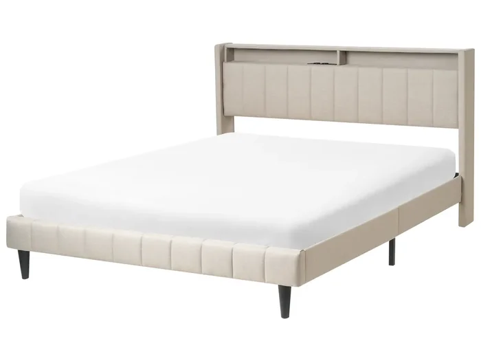 Cama LED Tela BEAULIEU 160 x 200 cm con puerto USB con almacenaje Beige