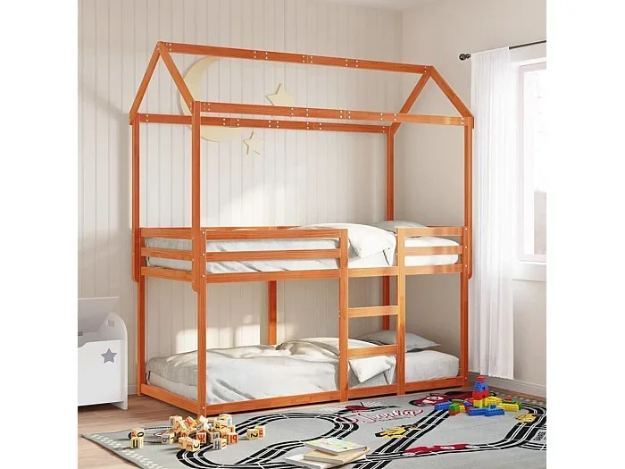 Cama litera con techo madera maciza pino marrón cera 75×190 cm