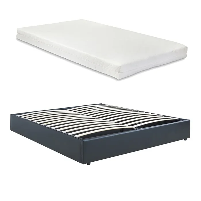 Cama matrimonio Nola somier abatible polipiel + colchón 160x200cm Negro [en.casa]