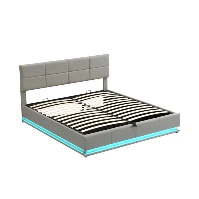 Cama nido 180×200 cm – Cama doble acolchada elevable hidráulicamente con LED, somier de láminas, cabecero, polipiel PU – Gris claro