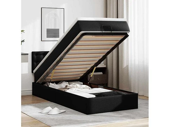 Cama otomana con colchón negro 90×200 cm polipiel