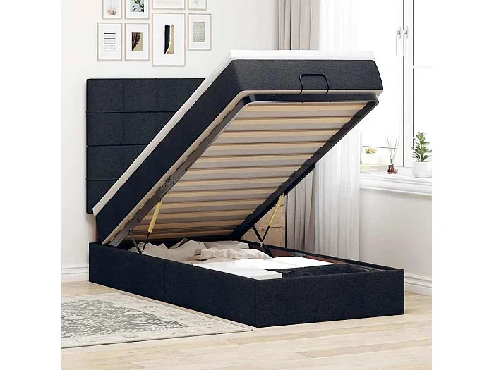 Cama otomana con colchón negro de tela 90×200 cm