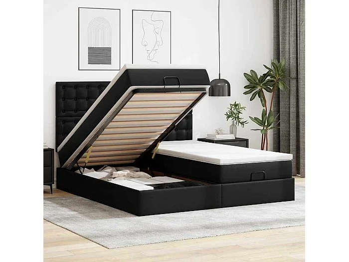 Cama otomana con colchón y LED Negro 180x200cm piel sintética