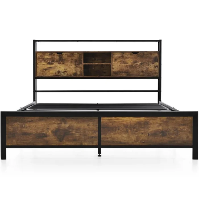 Cama para adultos 140×200 cm con espacio de almacenamiento – estructura de metal – Marrón