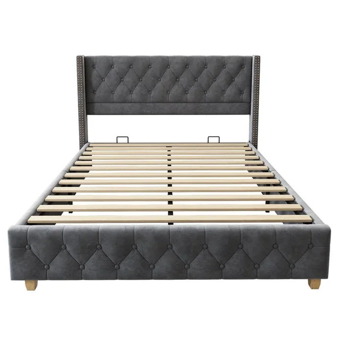 Cama para adultos acolchada de terciopelo – 140×190 cm – con somier – Gris