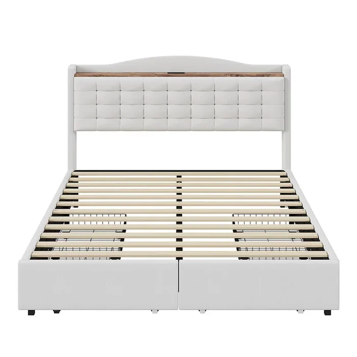 Cama para adultos de lino 160×200 cm – con toma USB y 4 cajones – somier de láminas – Blanco