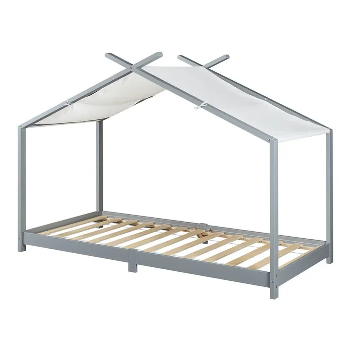 Cama para niños Brome Forma casita con techo pino 90 x 200 cm – Gris y Blanco [en.casa]
