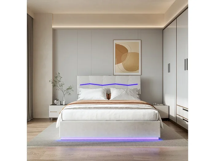 Cama plegable 160*200cm, cama hinchable doble europea, equipada con LED de colores, color beige, PU