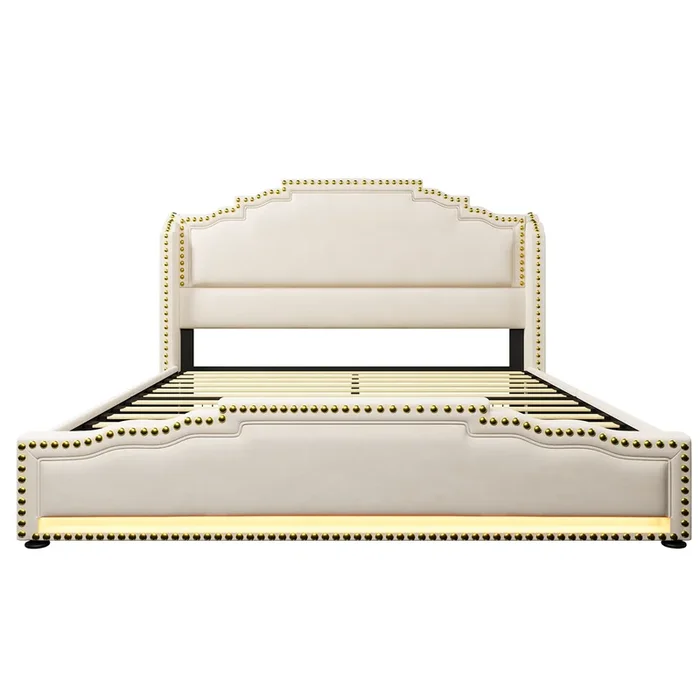 Cama Polsterbett 160×200 – Con 4 cajones, iluminación LED y puerto USB-C, cama con almacenamiento y somier, terciopelo – Beige
