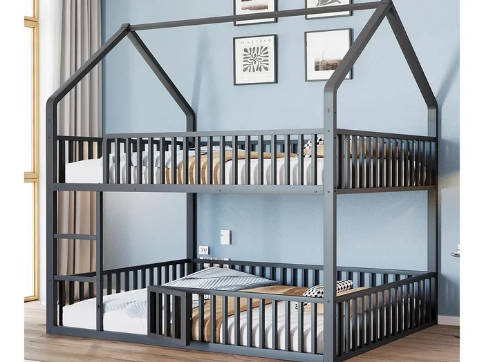Cama superpuesta infantil 140×200 cm – con escalera – con puerta pequeña – Metal – Negro (colchón no incluido)
