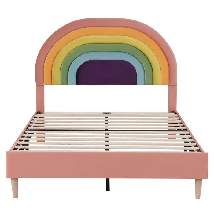Cama tapizada 140×200 – con somier y cabecero, juvenil y para adultos, respaldo regulable, terciopelo – Rosa
