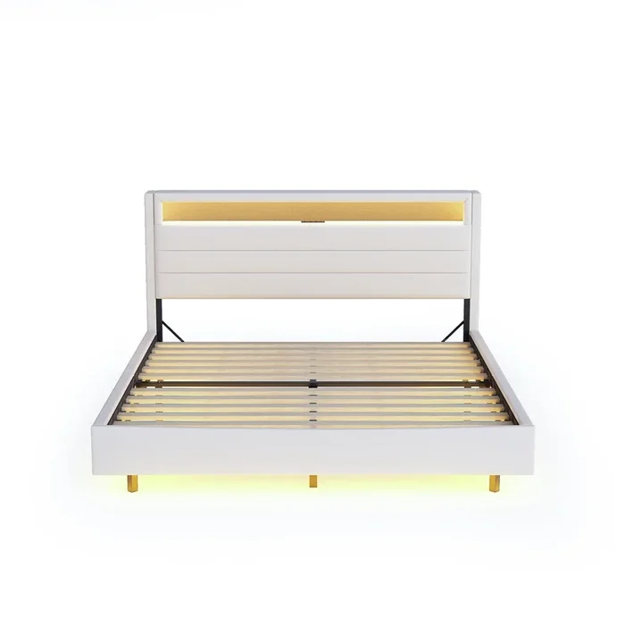 Cama tapizada 140×200 cm – con puerto USB y luz LED, cabecero reversible, pie oculto, cama doble, cama juvenil, cama para adultos – Beige