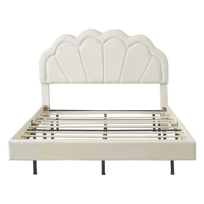Cama tapizada 140×200 cm – Estructura flotante con LED y diseño de cabecero – Beige