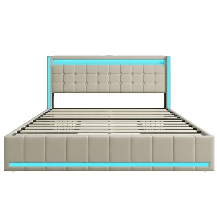 Cama tapizada 140×200 cm con función de carga USB y cabecero LED y 4 cajones, estructura de cama doble, camas con canapé, cama juvenil, cama con somier de láminas de madera, material lino, beige