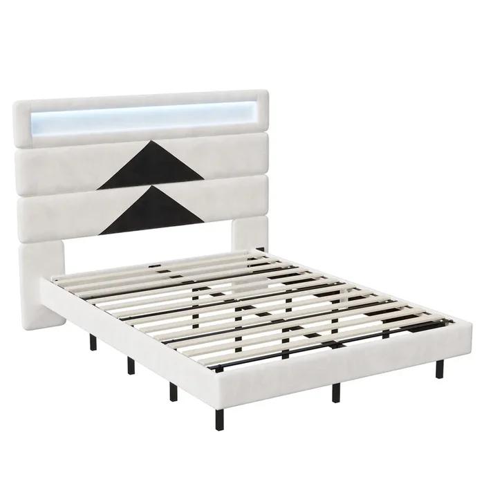 Cama tapizada 140 x 190 cm, cama doble con USB y LED, estructura de cama casal, con somier de lamas de madera y cabeceiro