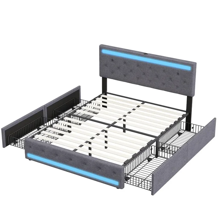 Cama tapizada 160×200 cm, LED, 4 cajones, USB, cajón para ropa blanca, base de madera – gris