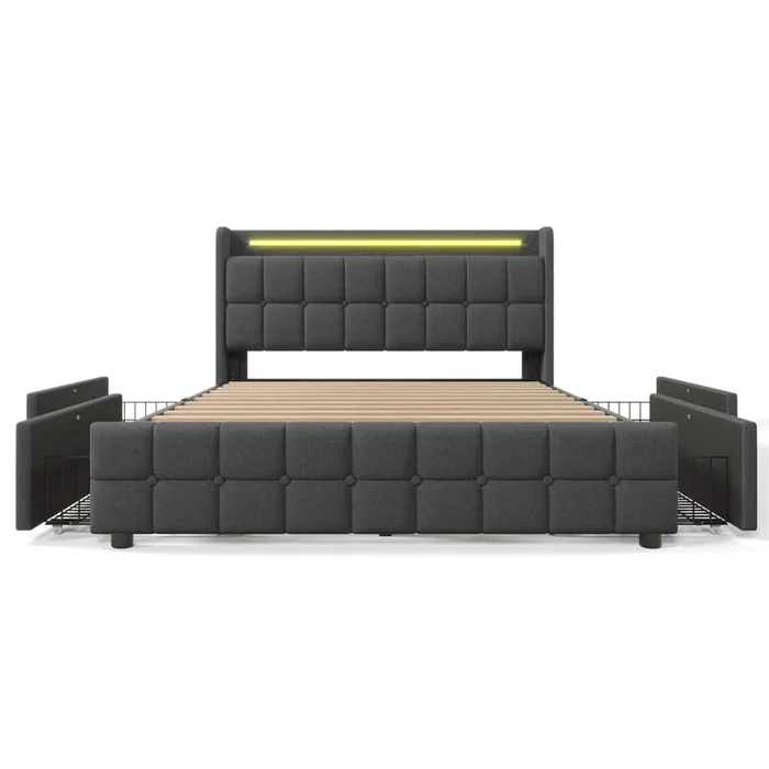 Cama tapizada 160x200cm – con función de carga USB, cabezal, iluminación LED y 4 cajones – Gris