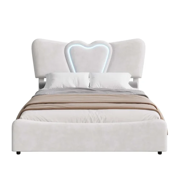 Cama tapizada 160x200cm con USB y Tipo-C, cama juvenil doble con somier y espacio de almacenaje, cama con almacenaje con LED, cama funcional juvenil, cama con somier, terciopelo, beige