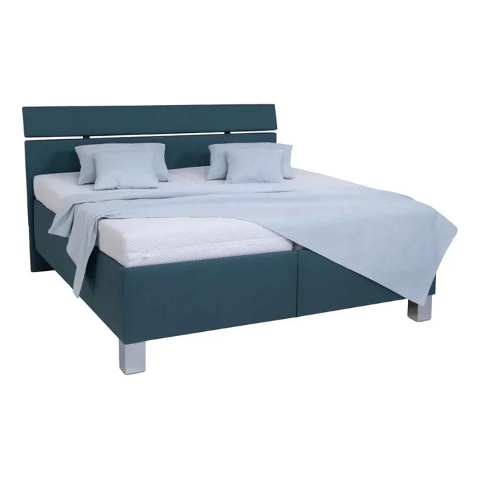 Cama tapizada ALIS 180×200 cm con colchón y arcón, color azul petróleo