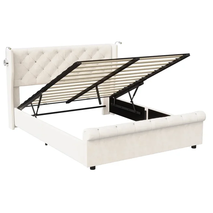 Cama tapizada beige (160x200cm) somier hidráulico con luz de lectura en el cabecero, función de carga USB y somier de láminas como cama doble juvenil.