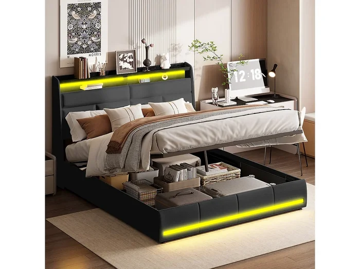 Cama tapizada de 140×200 cm con luces LED, capitoné, somier de láminas, cajonera y función hidráulica, en PU negro, cama de invitados para adultos.