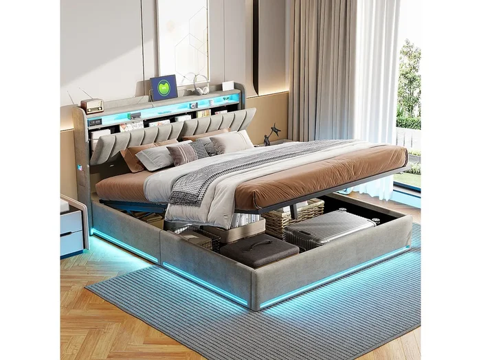 Cama tapizada de 160×200 cm con carga USB, cama de matrimonio juvenil, canapé abatible con LED y cabecero con almacenaje, somier de láminas hidráulico.