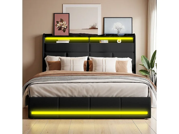 Cama tapizada negra 160×200 cm en PU, con LED y puertos USB, base de apertura hidráulica, gran espacio de almacenaje (sin colchón)