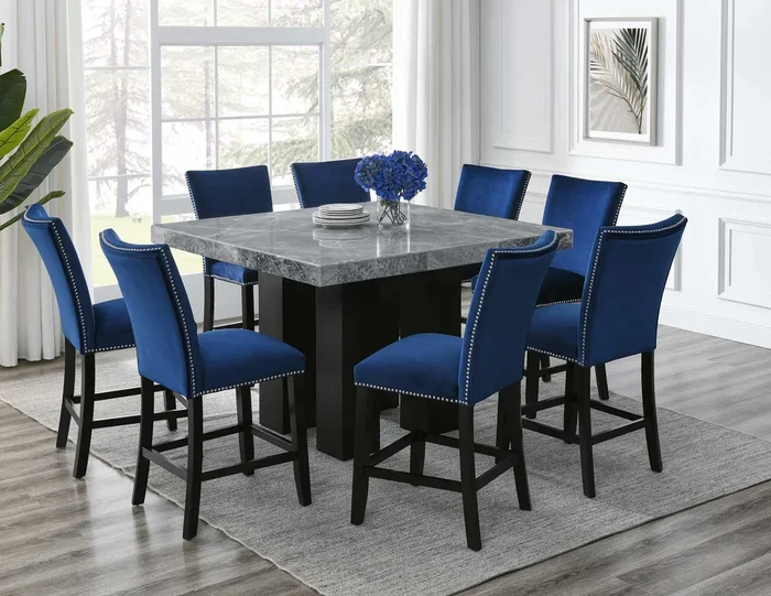 Camila Blue/Gray Square Marble Top Counter Height Set