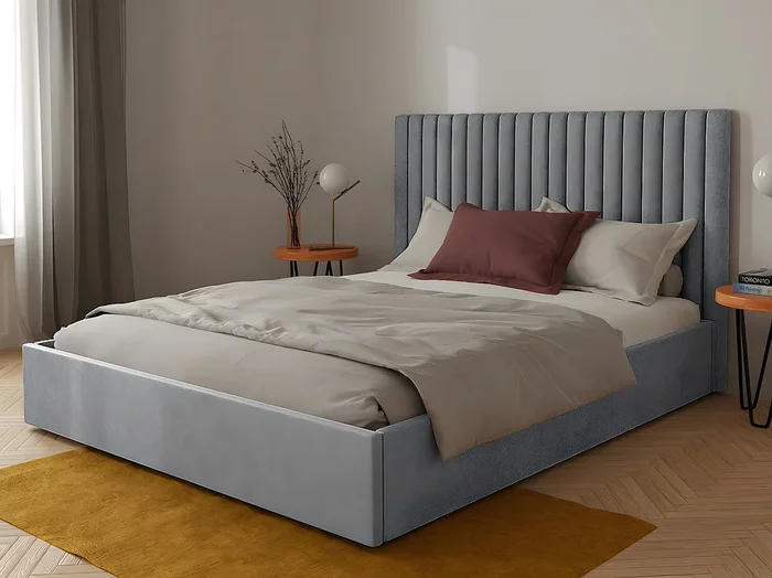 Canapé abatible 160 x 200 cm con cabecero – Tela – Gris + Colchón – SARAH