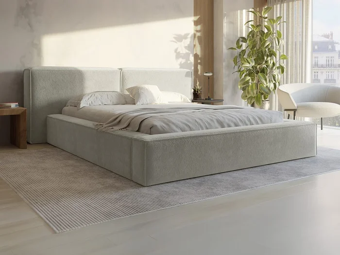 Canapé abatible 180 x 200 cm – Tela rizada – Beige + Colchón – TIMANO de Pascal Morabito