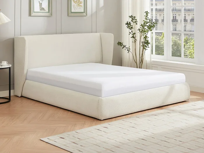 Canapé abatible de 140 x 190 cm – Tela rizada – Crema + Colchón – CORTAGA