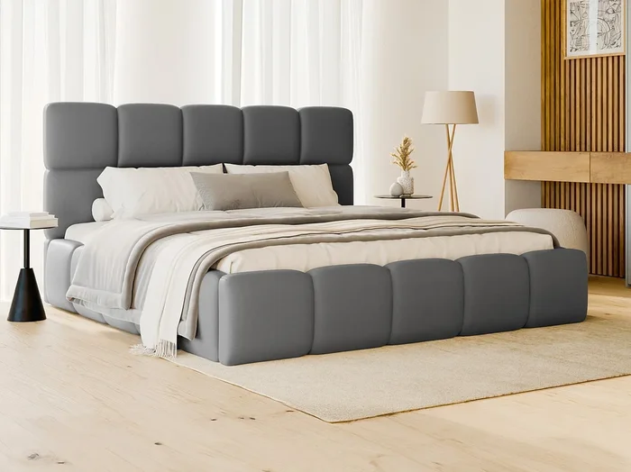 Canapé abatible de 180 x 200 cm – Tela efecto cuero – Gris + Colchón – DAMADO de Pascal Morabito
