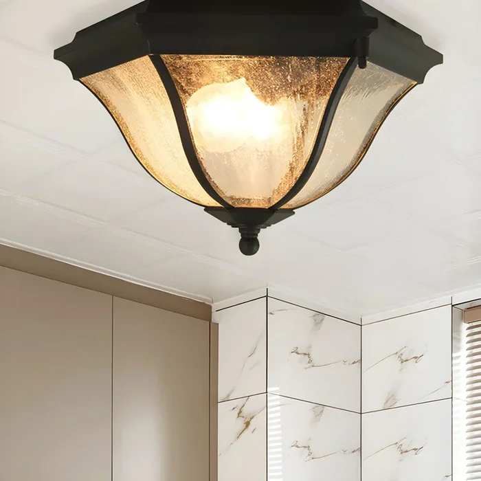 Candera Empotrada con Pantalla de Vidrio Ámbar en Forma de Techo Lámpara de Techo de Metal Negro 2 Luces para Sala Cafetería