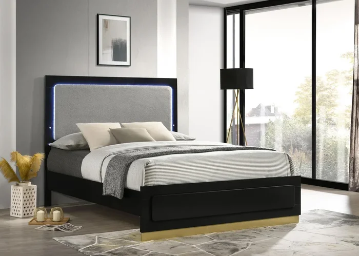 Caraway Black and Grey Queen Bed with LED Headboard