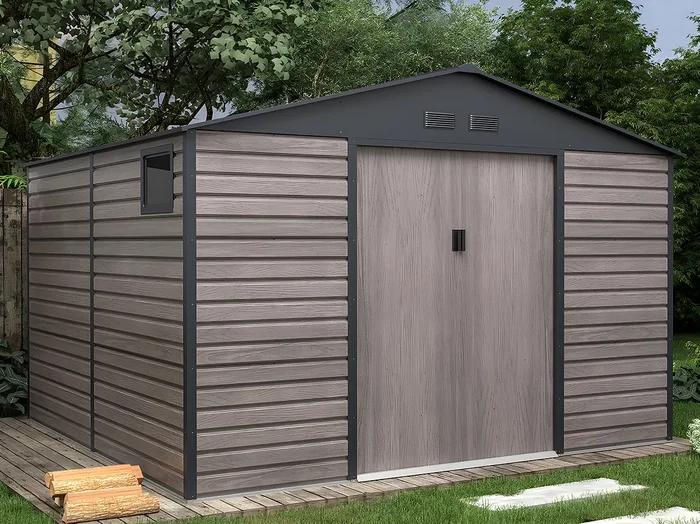 Caseta de jardín de acero galvanizado efecto madera ADELMO – gris – 10,98 m²