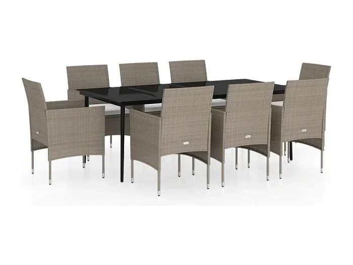 Cesarino Juego de comedor para jardín 9 piezas y cojines beige y negro