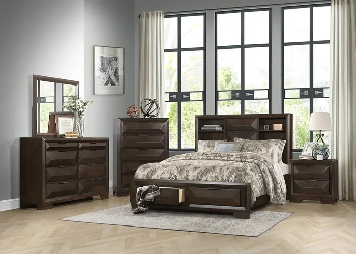Chesky Warm Espresso Bookcase Storage Platform Bedroom Set