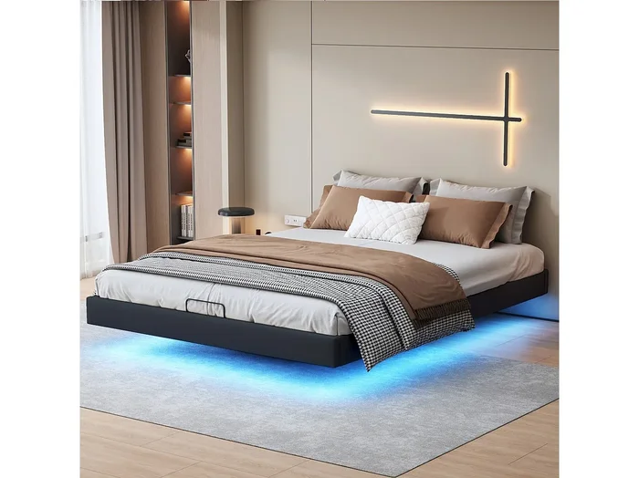 Coffre iluminado doble 160 x 200 con sommier,Bande luminosa LED sous le lit,Pas de tête de lit,pu,Noir