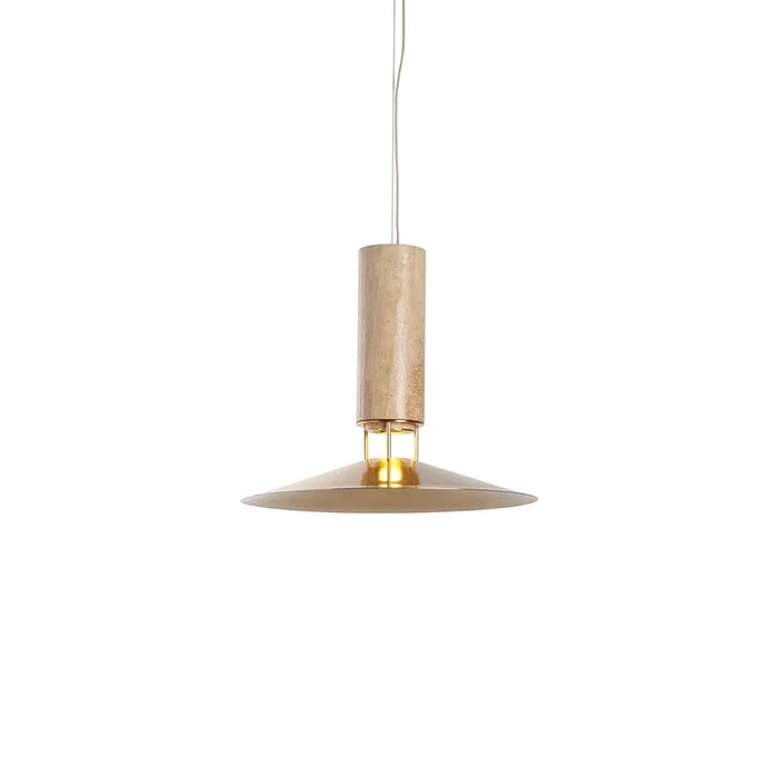 Colgante LED Rebound, travertino, cuero marrón