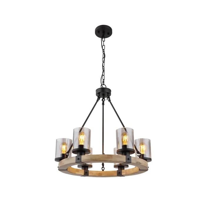 Colgante Lila con anillo de madera redondo 6 luces