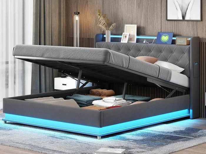 Cómoda Cama Tapizada con LED 160×200 cm – con Puerto de Carga USB – Tela de Lino – Gris