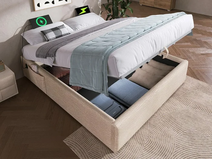 Cómoda cómoda tapizada 160×200 cm – tejido de lino – con enchufes de carga y cojín de láminas – Beige