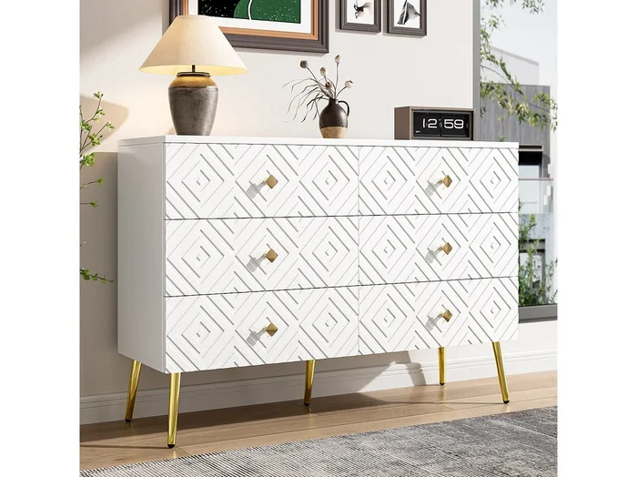 Cómoda moderna de MDF blanco con 6 cajones y patas de metal dorado para dormitorio o salón 120x40x80 cm