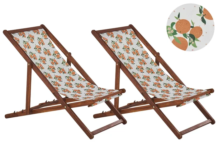 Conjunto de 2 hamacas plegables ANZIO con telas de recambio Motivo floral Madera de acacia Marrón oscuro